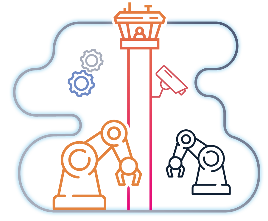 Visual Representation of the Automated Management Operation in a cloud environment, with several robot arms and a tower, placed in the cloud shaped object.