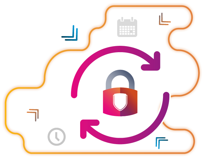 Visual Representation of the Automated Security Updates in a cloud environment, with several locks, placed in the cloud shaped object.