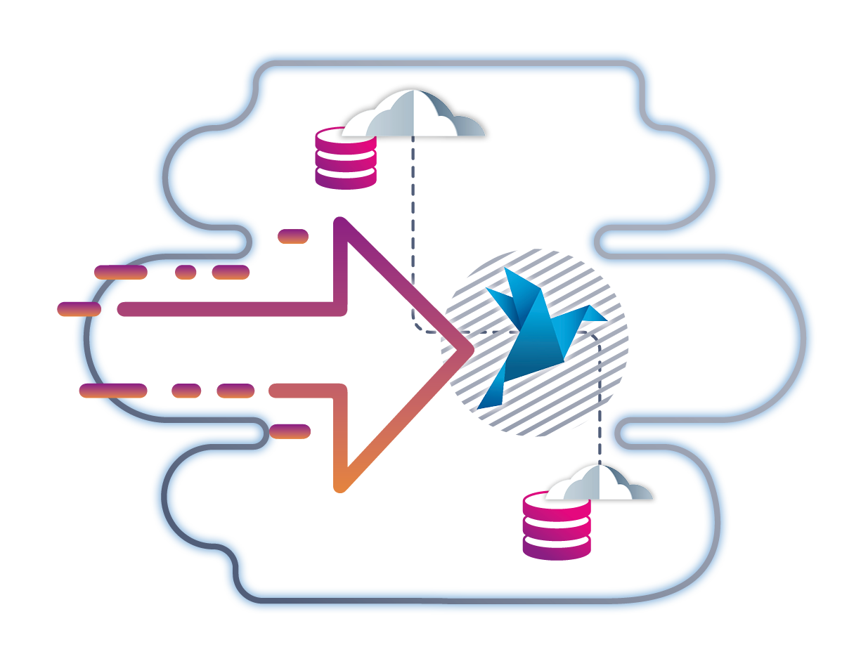 Visual Representation of the Data Migration in a cloud environment, with several lines, placed in the cloud shaped object.