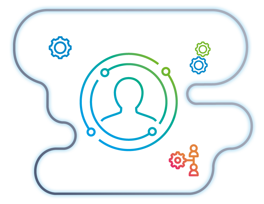 Visual Representation of the Extended User Management in a cloud environment, with several cogs, placed in the cloud shaped object