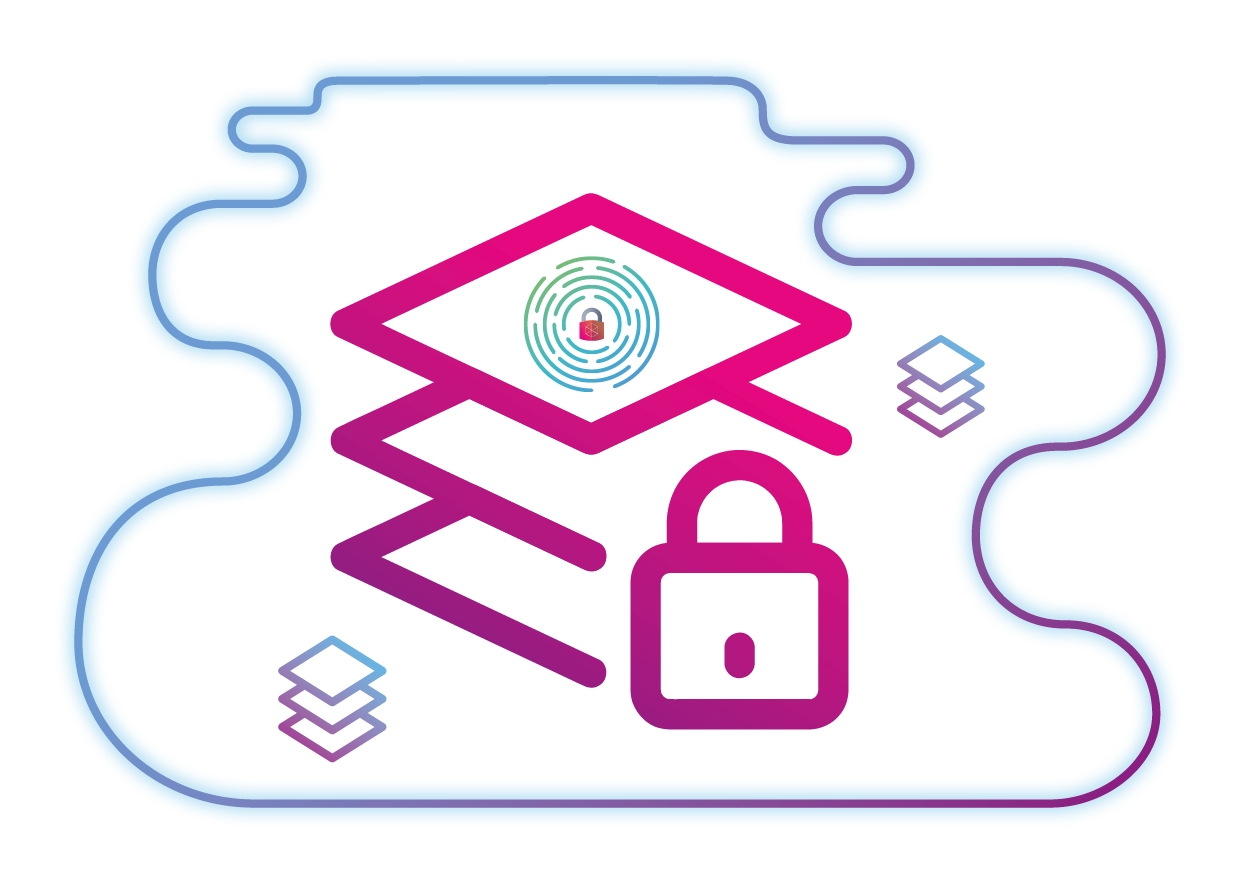 Visual Representation of the Layered Security in a cloud environment, with several lines, placed in the cloud shaped object.