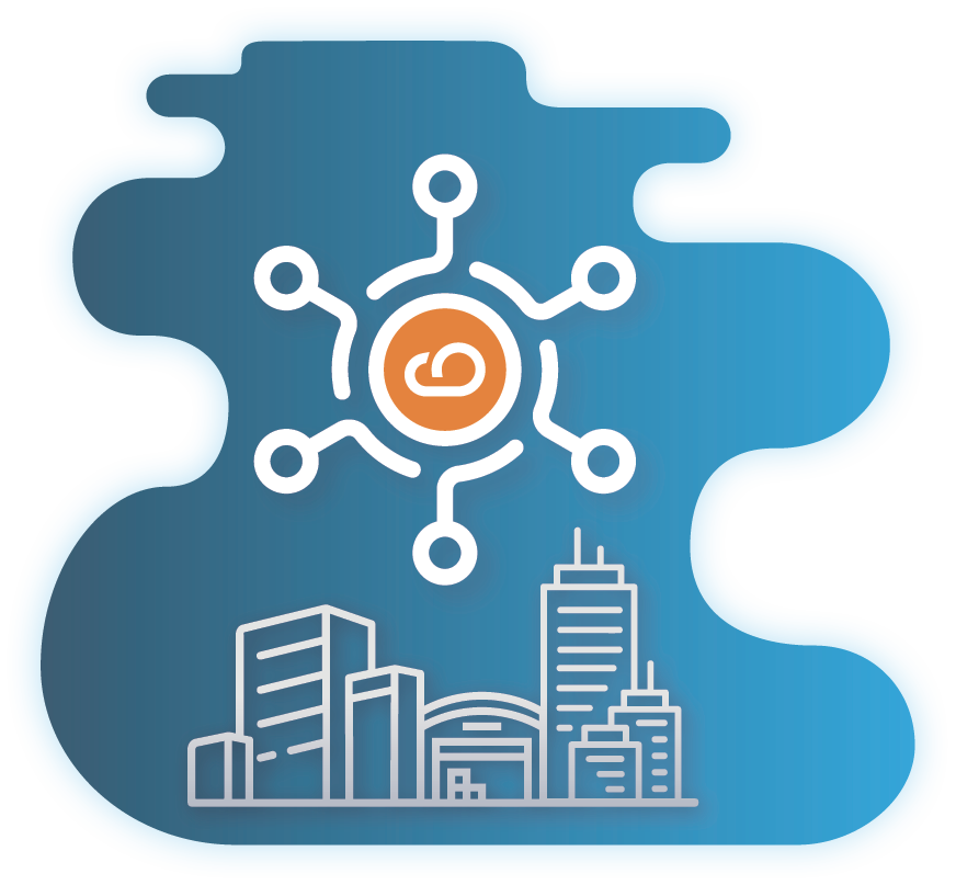 A modern cityscape with clouds and digital elements, illustrating the concept of cloud computing in an urban setting, as a central hub.
