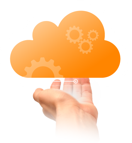 A person's hand is holding an orange digital cloud.
