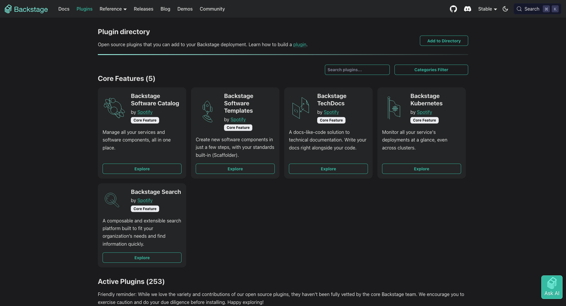 Backstage plugin directory showing core plugins available for extending a CF AppStage deployment
