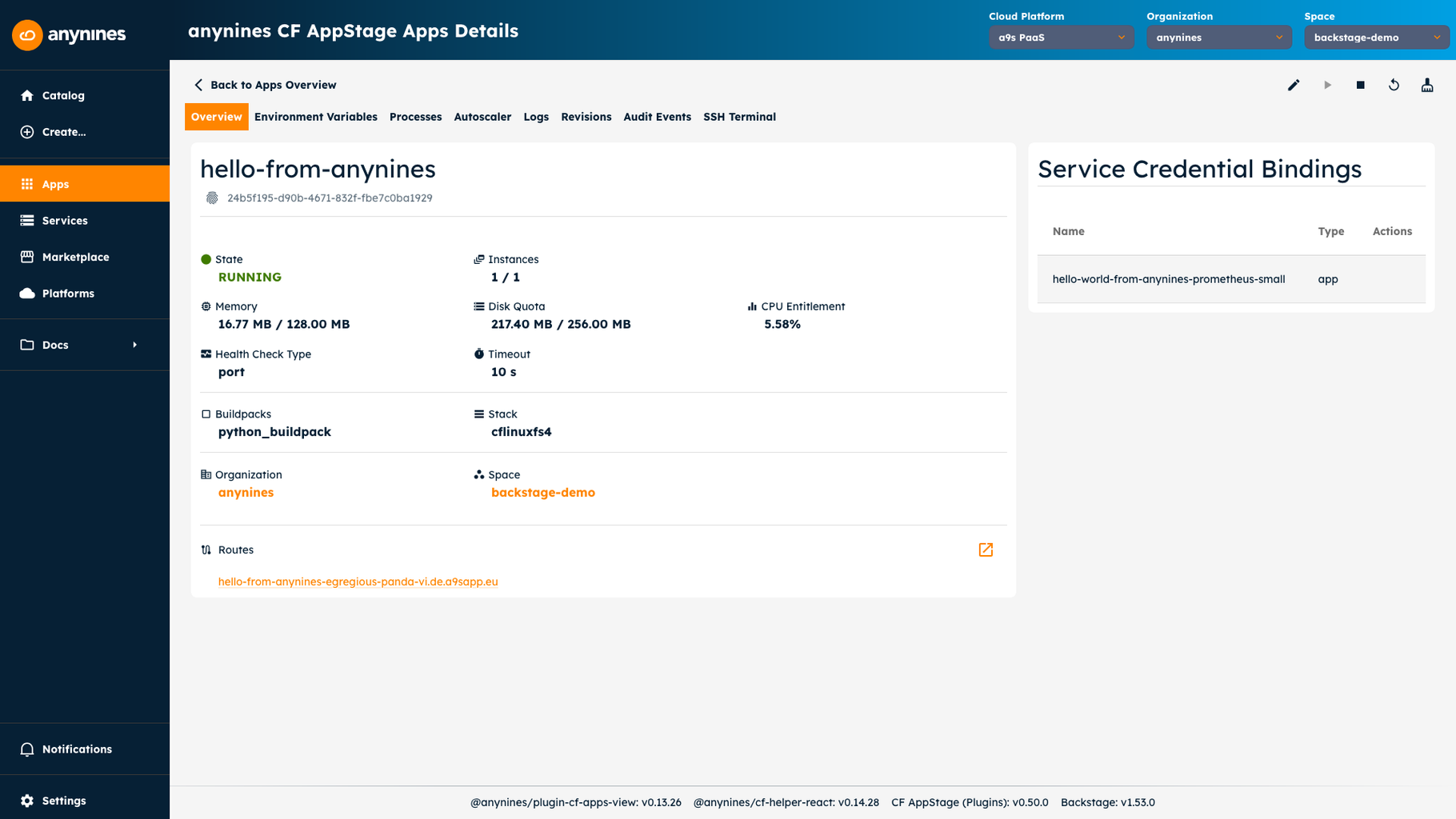 CF AppStage application detail page showing app state, memory, instances, buildpack, routes, and service credential bindings