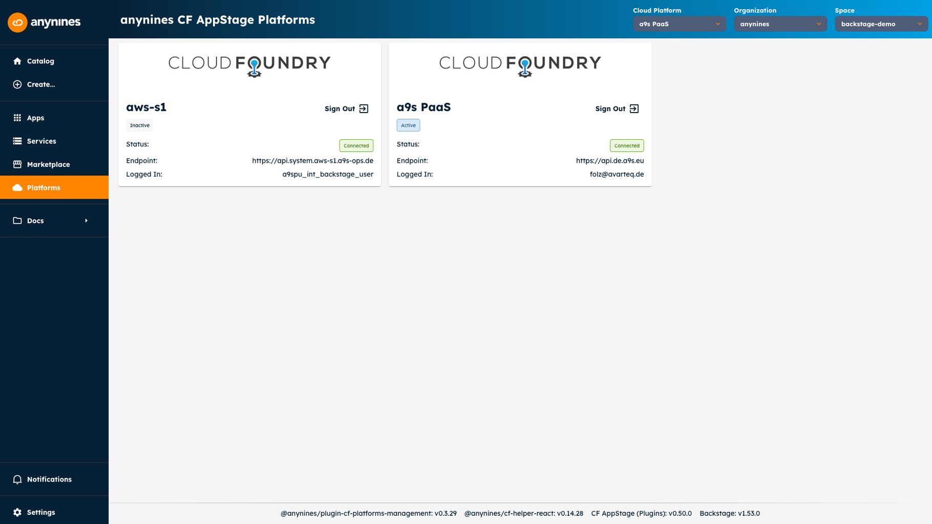 CF AppStage Platforms view showing two connected Cloud Foundry foundations with connection status and endpoint details
