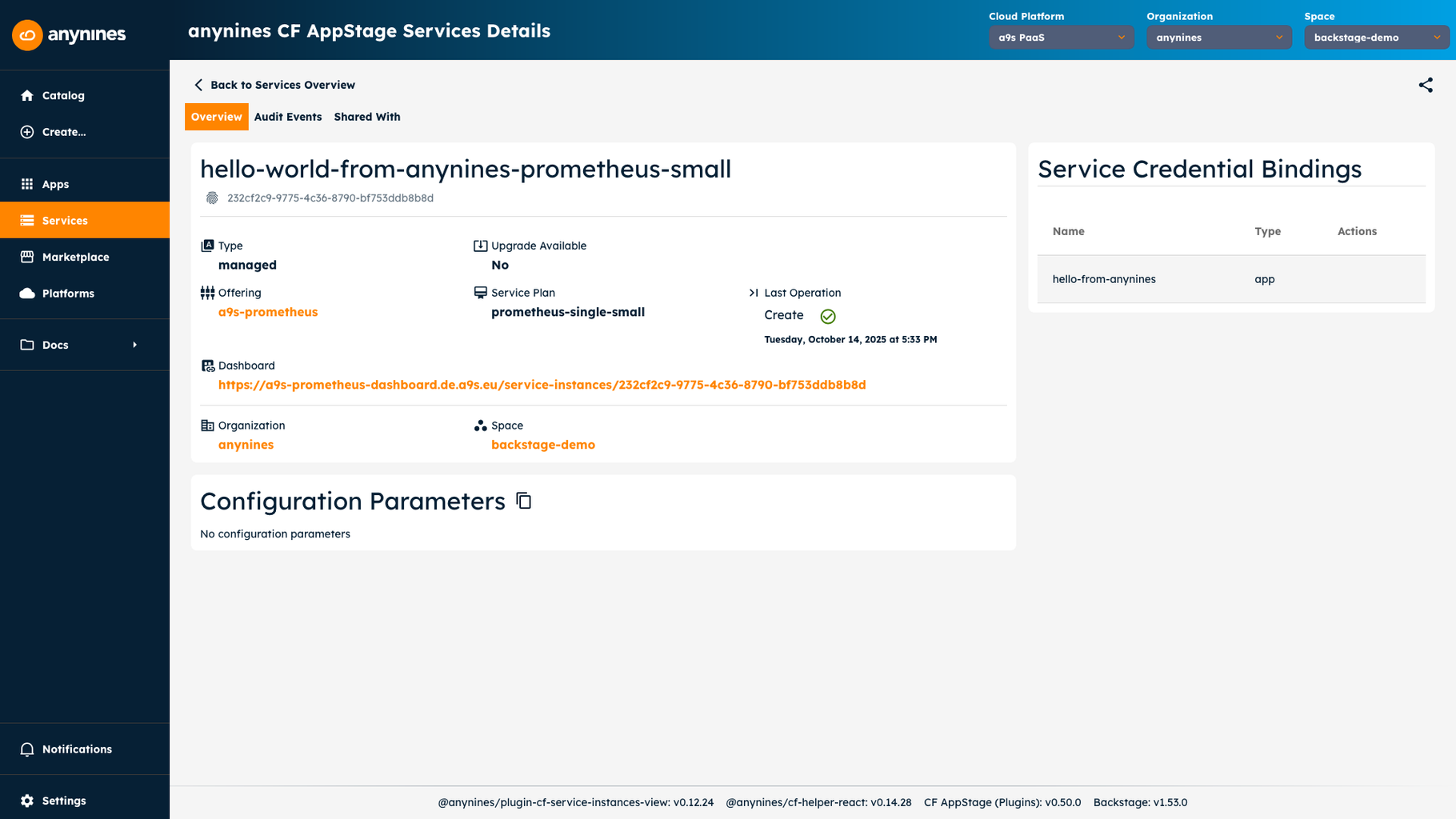 CF AppStage Services detail page showing a Prometheus service instance with type, offering, plan, and configuration parameters